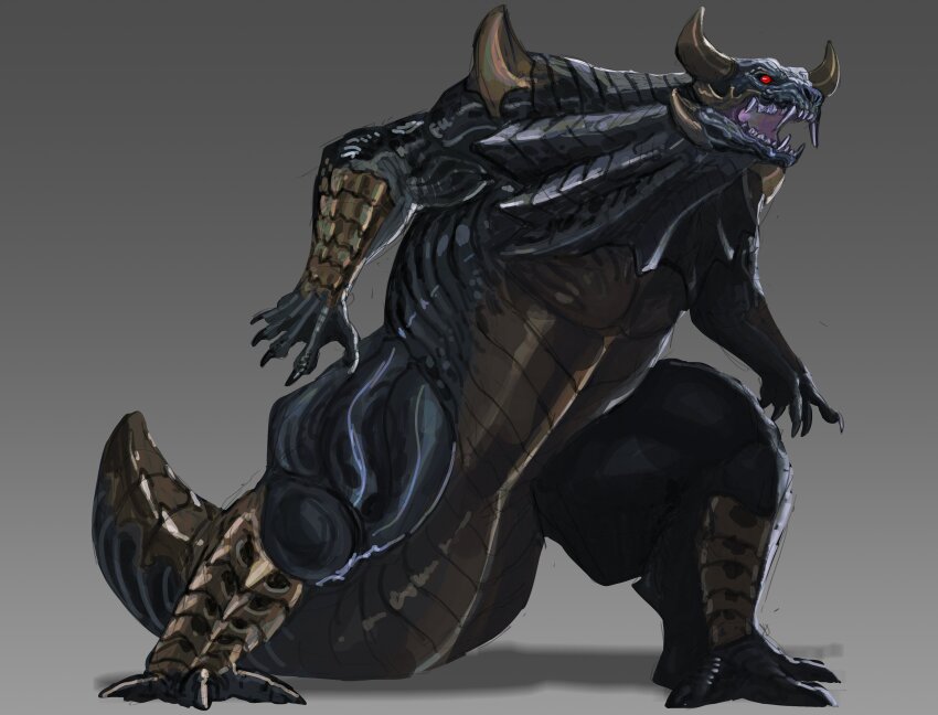 202vincent, absurdres, animal_focus, fangs, from_side, full_body, gradient_background, grey_background, highres, horns, kaiju, monster, no_humans, open_mouth, pulgasari, pulgasari_(film), red_eyes, scales, sharp_teeth, simple_background, solo, tail, teeth