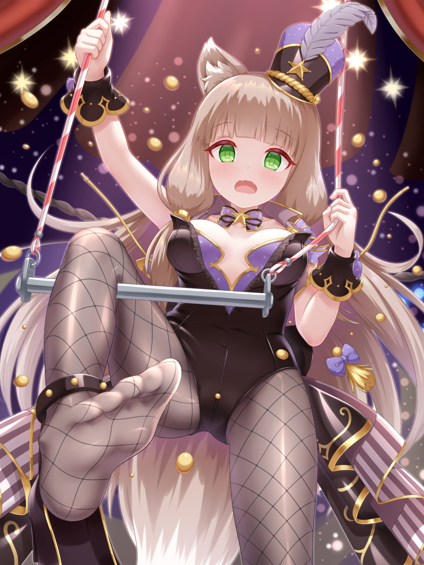 1girl, absurdres, animal_ear_fluff, ankle_strap, black_leotard, blunt_bangs, breasts, brown_pantyhose, feet, fishnet_pantyhose, fishnets, fox_girl, fox_tail, gplnbeat, green_eyes, hat, hat_feather, highres, leotard, light_brown_hair, maho_(dream_park)_(princess_connect!), maho_(princess_connect!), medium_breasts, on_swing, open_mouth, pantyhose, playboy_bunny, princess_connect!, shako_cap, solo, star_ornament, swing, tail, tilted_headwear, wrist_cuffs