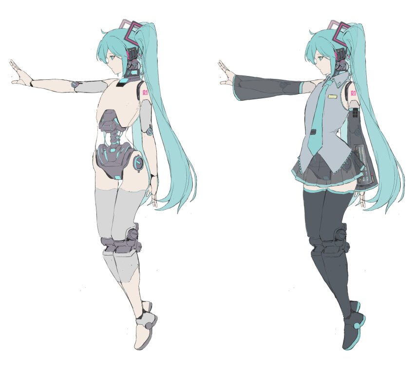 1girl, aqua_hair, aqua_necktie, black_skirt, commentary, detached_sleeves, grey_shirt, hatsune_miku