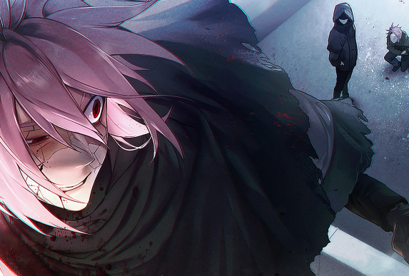 3boys, black_choker, black_hair, black_jacket, black_pants, blood, blood_on_clothes, brown_gloves, capelet, choker, commentary_request, cracked_skin, duckchuni, fukurou_(saibou_shinkyoku), gloves, hair_between_eyes, hood, hood_up, hooded_jacket, jacket, korean_commentary, long_sleeves, male_focus, multicolored_hair, multiple_boys, mutsushika_misumi, nijou_ryuu, pants, pink_hair, saibou_shinkyoku, short_hair, split-color_hair, torn_capelet, torn_clothes, uneven_eyes