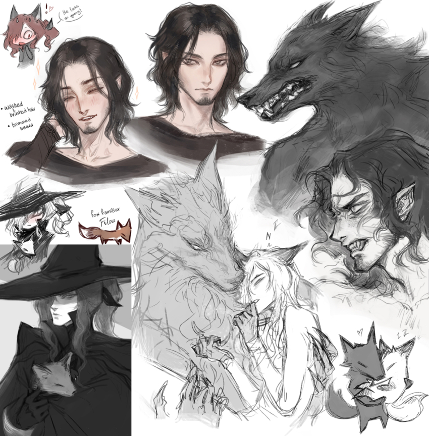 2boys, angry, animal, aroused, black_hair, black_shirt, blush, breasts, brown_hair, carrying, clenched_teeth, closed_mouth, collarbone, couple, dog_boy, elrik_(nat_the_lich), facial_hair, fangs, fox, fox_boy, furry, goatee, hat, heart, highres, holding, holding_animal, hug, large_hat, long_bangs, medium_breasts, multiple_boys, multiple_views, nat_the_lich, open_mouth, original, parted_hair, pointy_ears, princess_carry, red_hair, renard_beauchene_(nat_the_lich), shirt, small_horns, sparkle, teeth, witch_hat, yaoi