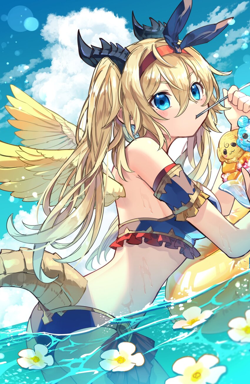 1girl, absurdres, bikini, blonde_hair, blue_bikini, buoy, curled_horns, dragon_tail