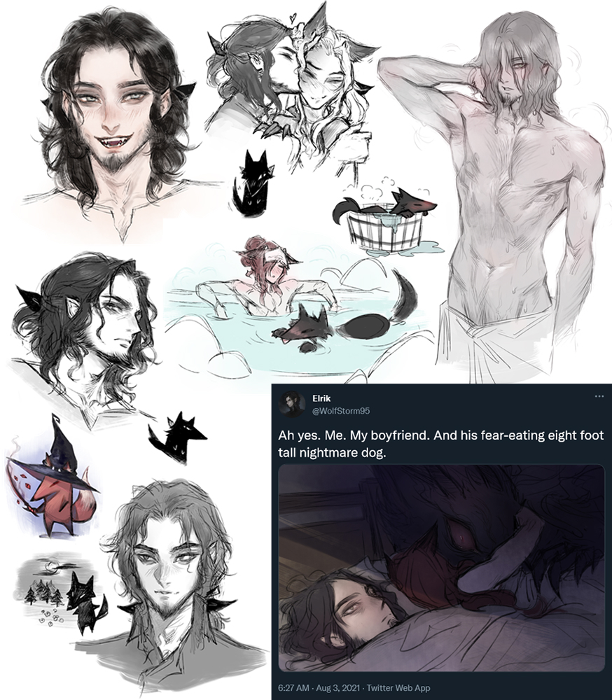 2boys, 500_dollar_four_foot_tall_mareep_(meme), alternate_form, animal_ears, black_hair, blush, chest_hair, couple, dog, elrik_(nat_the_lich), facial_hair, fangs, fox, fox_boy, fox_ears, fox_tail, furry, goatee, green_eyes, greyscale, groin, hat, heart, hug, indoors, kiss, kissing_cheek, long_hair, lying, male_focus, meme, monochrome, multiple_boys, multiple_views, naked_towel, nat_the_lich, on_back, on_bed, onsen, open_mouth, original, parted_hair, partially_colored, pectorals, pink_lips, red_hair, renard_beauchene_(nat_the_lich), steam, tail, topless_male, towel, towel_around_waist, under_covers, witch_hat