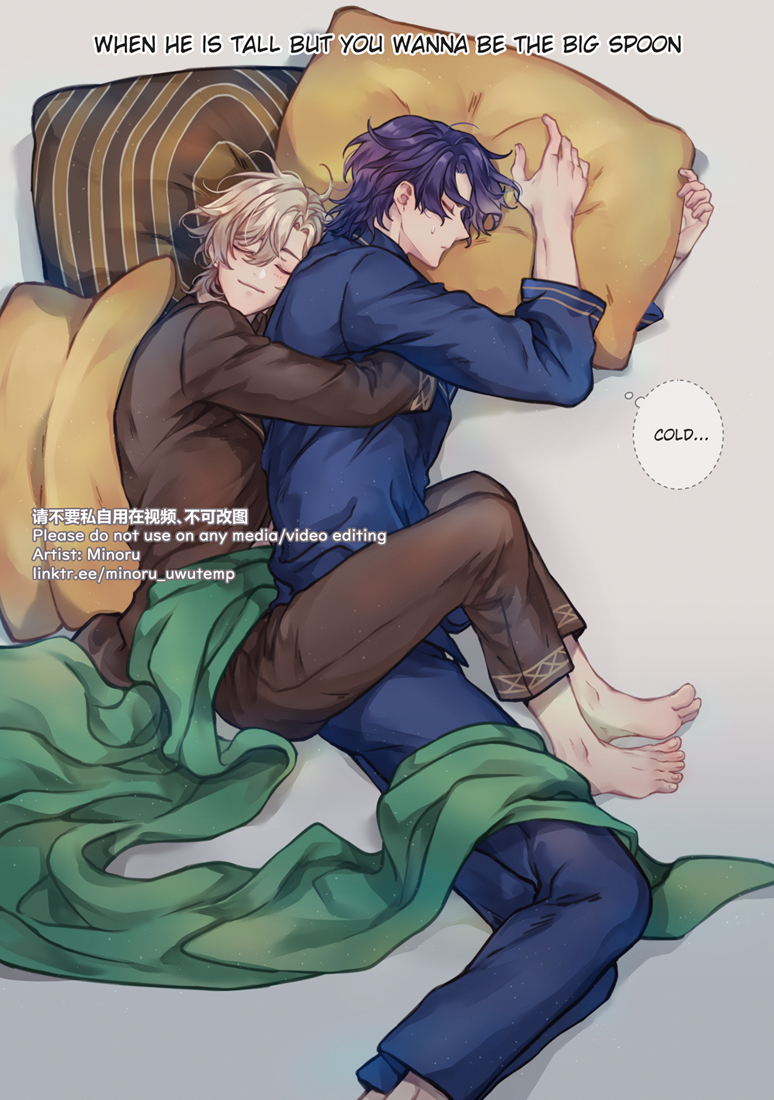 2boys, aventurine_(anan)_(honkai:_star_rail), aventurine_(honkai:_star_rail), barefoot, blonde_hair, blue_hair, blue_pajamas, blush