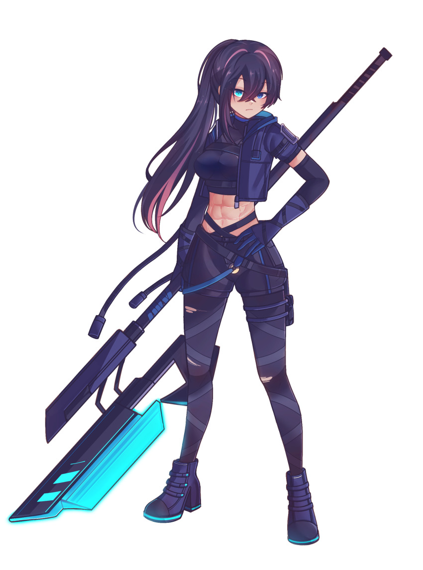 1girl, abs, absurdres, aizeis, arm_belt, belt, black_hair, boots