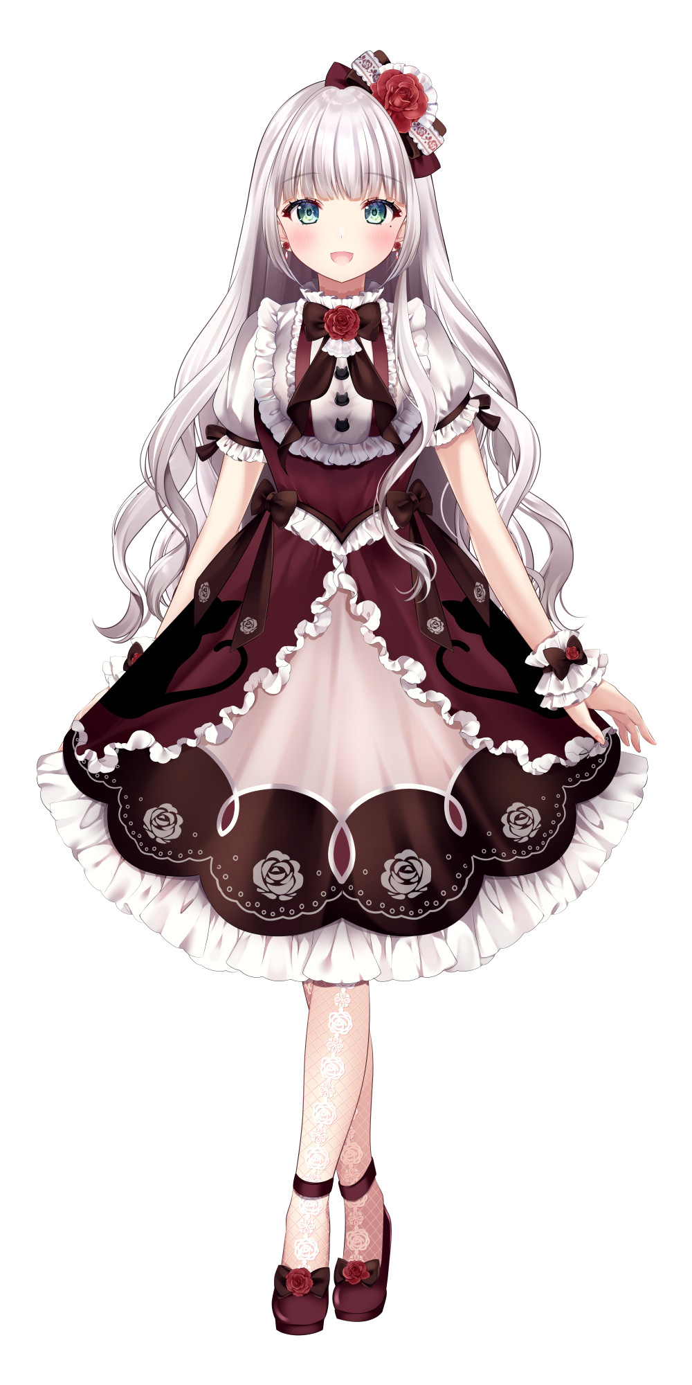 1girl, :d, aqua_eyes, blunt_bangs, bow, brown_bow, brown_dress, brown_footwear, commentary_request, crossed_legs, dress, earrings, flats, flower, frilled_dress, frilled_wrist_cuffs, frills, full_body, hair_bow, hair_flower, hair_ornament, highres, indie_virtual_youtuber, jewelry, looking_at_viewer, medium_dress, mole, mole_under_eye, open_mouth, otohana_rubia, puffy_short_sleeves, puffy_sleeves, red_flower, red_rose, rose, short_sleeves, simple_background, smile, solo, standing, tachi-e, white_background, white_hair, white_wrist_cuffs, wrist_cuffs, yugaa