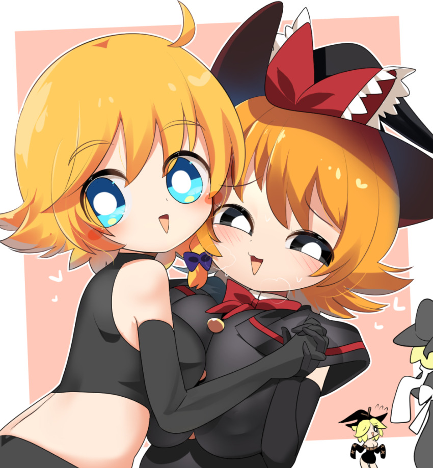 4girls, ahoge, black_capelet, black_eyes, black_gloves, black_hat, black_shirt, black_sports_bra