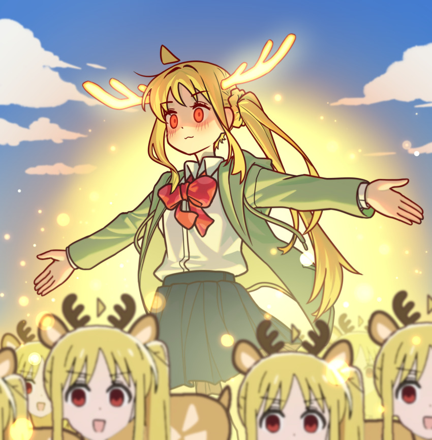 6+girls, :3, :d, ahoge, animal_ears, black_skirt, blonde_hair, blue_sky