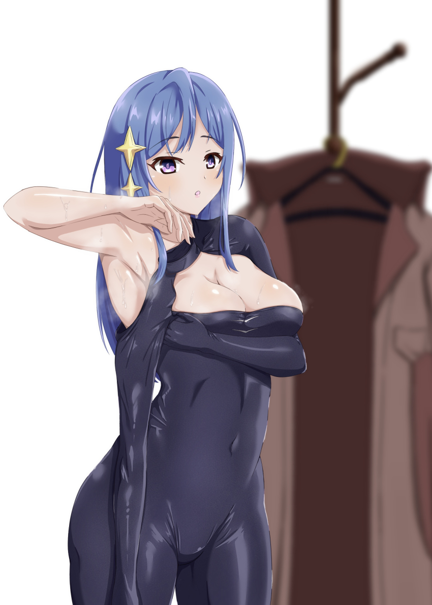 1girl, :o, absurdres, arm_under_breasts, armpits, black_bodysuit, blue_hair, bodysuit