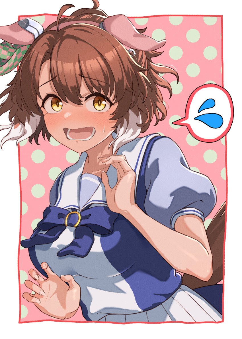 1girl, ahoge, animal_ears, blush, bow, bowtie, breasts, brown_eyes