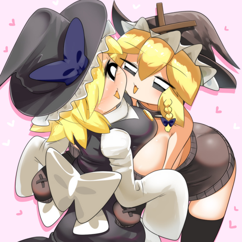 2girls, back_bow, black_dress, black_eyes, black_hat, black_skirt, black_thighhighs, black_vest