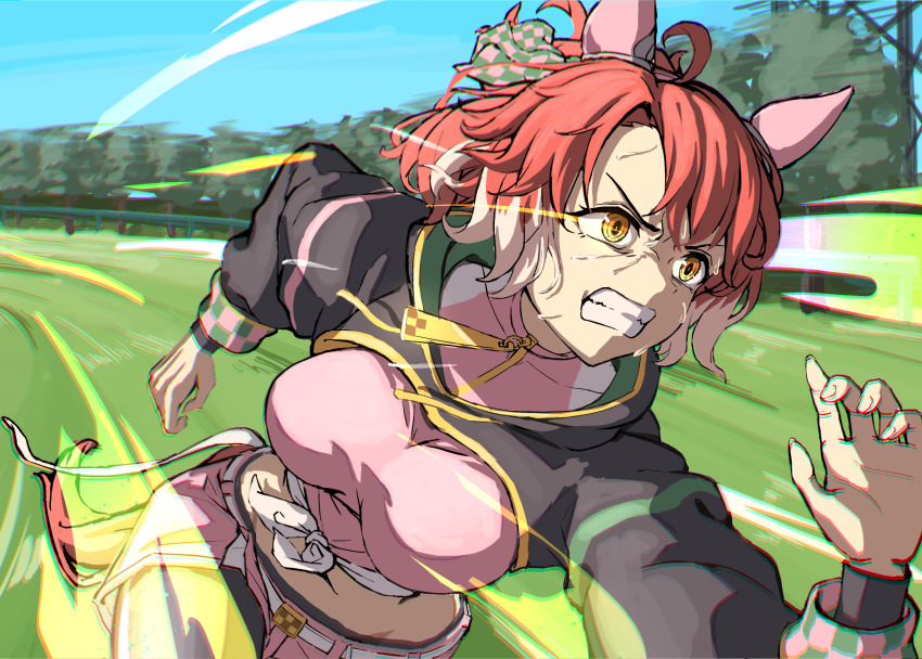 1girl, animal_ears, belt, breasts, brown_hair, clenched_teeth, dantsu_flame_(center_spotlight)_(umamusume), dantsu_flame_(umamusume)