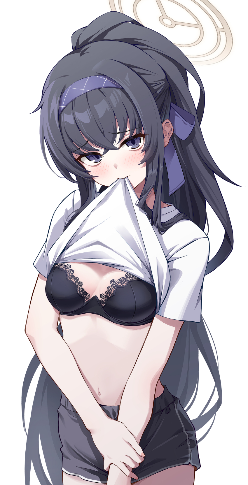 1girl, absurdres, bags_under_eyes, black_bra, black_hair, black_shorts, blue_archive, blush