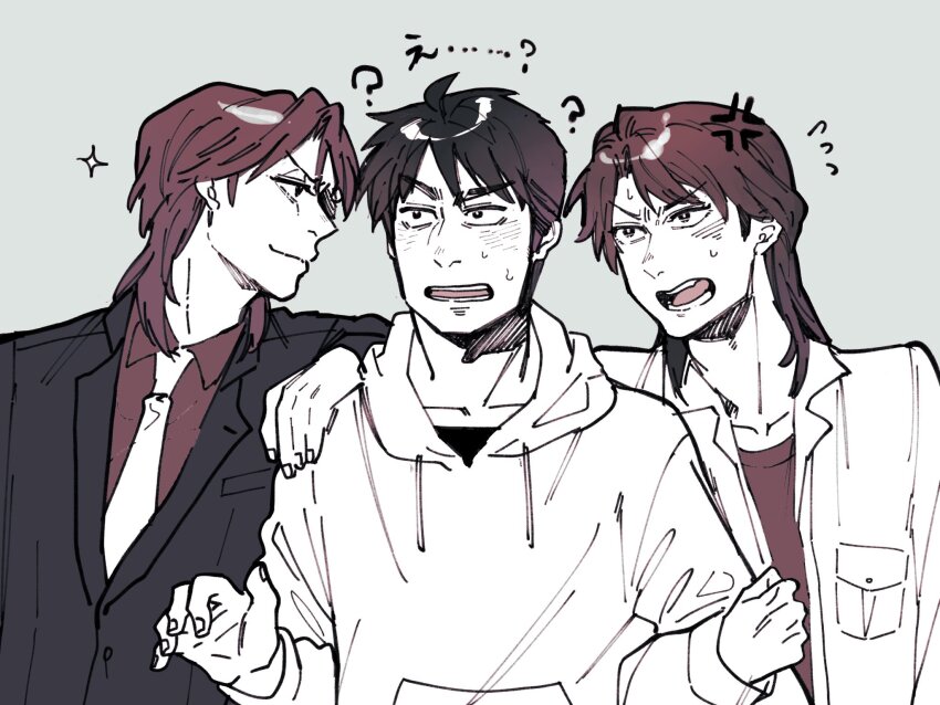 2boys, ?, anger_vein, before_and_after, black_hair, black_jacket, blazer, blush, brown_hair, closed_mouth, collared_shirt, colored_skin, commentary_request, dual_persona, formal_clothes, grey_background, henako, highres, hood, hoodie, ichijou_seiya, jacket, joukyou_seikatsuroku_ichijou, tobaku_mokushiroku_kaiji, limited_palette, long_hair, long_sleeves, multiple_boys, murakami_tamotsu, necktie, open_mouth, shirt, short_hair, smile, suit, undershirt, upper_body, v-shaped_eyebrows, white_hoodie, white_necktie, white_skin