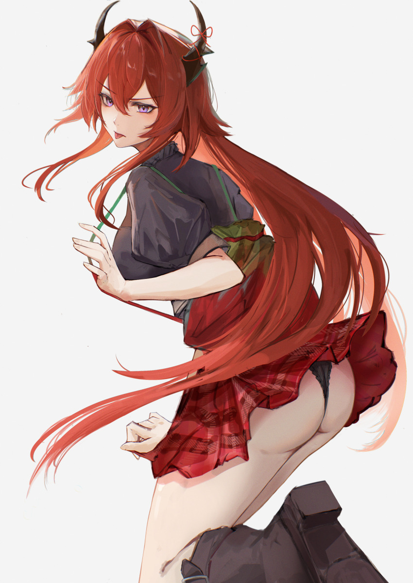 1girl, absurdres, arknights, ass, black_panties, black_shirt, boots, breasts