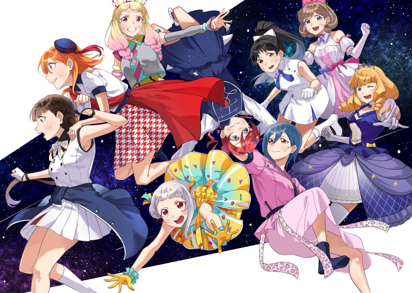 6+girls, absurdres, arashi_chisato, beret, black_hair, blonde_hair, blue_dress, blue_eyes