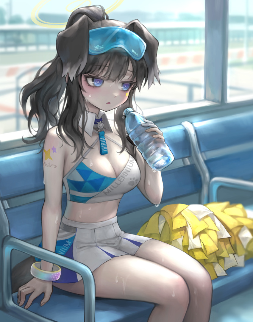 1girl, absurdres, animal_ears, bangle, bare_shoulders, black_hair, blue_archive, blurry, blurry_background, blush, bottle, bracelet, breasts, cheerleader, commentary, detached_collar, dog_ears, dog_girl, dog_tail, eyewear_on_head, halo, hibiki_(blue_archive), hibiki_(cheer_squad)_(blue_archive), highres, holding, holding_bottle, jewelry, jiyuneva, long_hair, midriff, millennium_cheerleader_outfit_(blue_archive), miniskirt, official_alternate_costume, pom_pom_(cheerleading), sitting, skirt, solo, sports_bra, star_(symbol), star_sticker, sticker, sticker_on_face, untranslatable_commentary, tail, clothes_writing, water_bottle