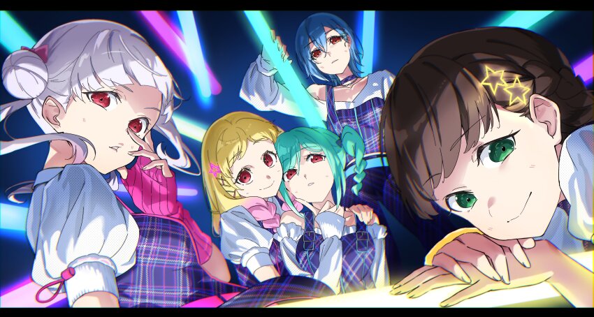 5girls, 5yncri5e!_(love_live!), absurdres, arashi_chisato, arm_warmers, blonde_hair, blue_hair, brown_hair, closed_mouth, commentary, english_commentary, gradient_hair, green_eyes, green_hair, hair_ornament, hand_on_another's_shoulder, highres, jellyfish_(love_live!), long_hair, long_sleeves, looking_at_viewer, love_live!, love_live!_superstar!!, multicolored_clothes, multicolored_hair, multiple_girls, neon_lights, onitsuka_natsumi, onitsuka_tomari, orange_eyes, parted_lips, pink_hair, puffy_short_sleeves, puffy_sleeves, red_eyes, repurika, sakurakoji_kinako, short_hair, short_sleeves, siblings, sidelocks, sisters, smile, star_(symbol), star_hair_ornament, twintails, upper_body, wakana_shiki, white_hair