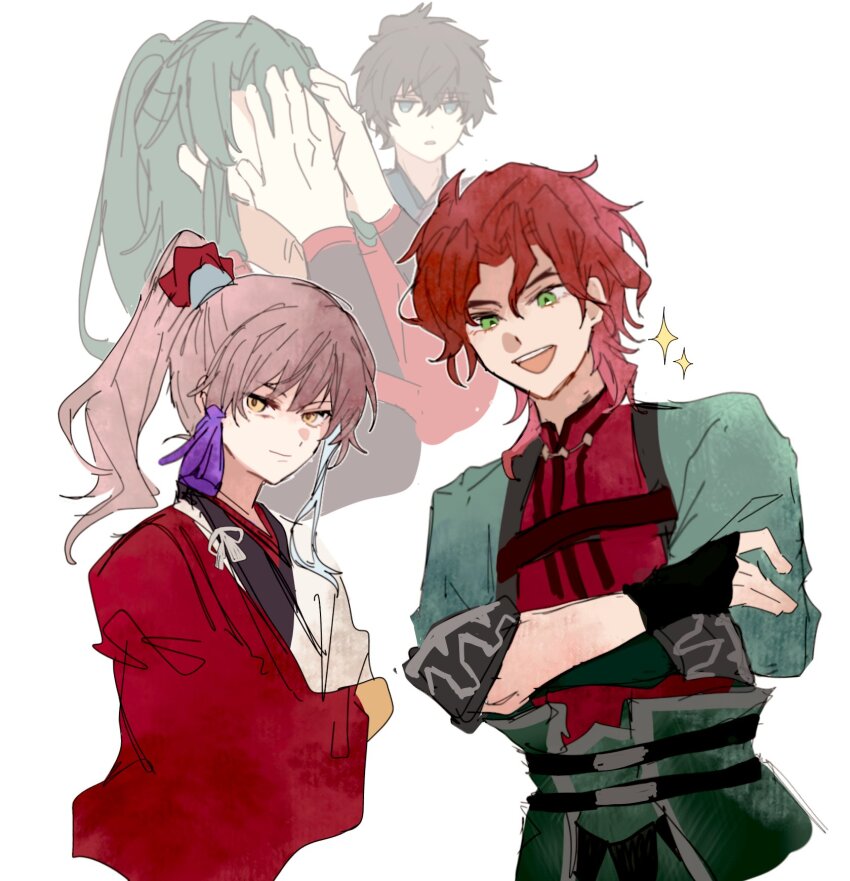 4boys, :d, archer_(fate/samurai_remnant), black_hair, blue_eyes, chinese_clothes, crossed_arms, fate/samurai_remnant