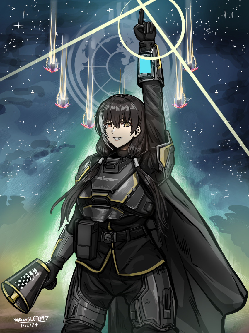 absurdres, armor, artist_name, belt, black_cape, black_hair, cape, commentary