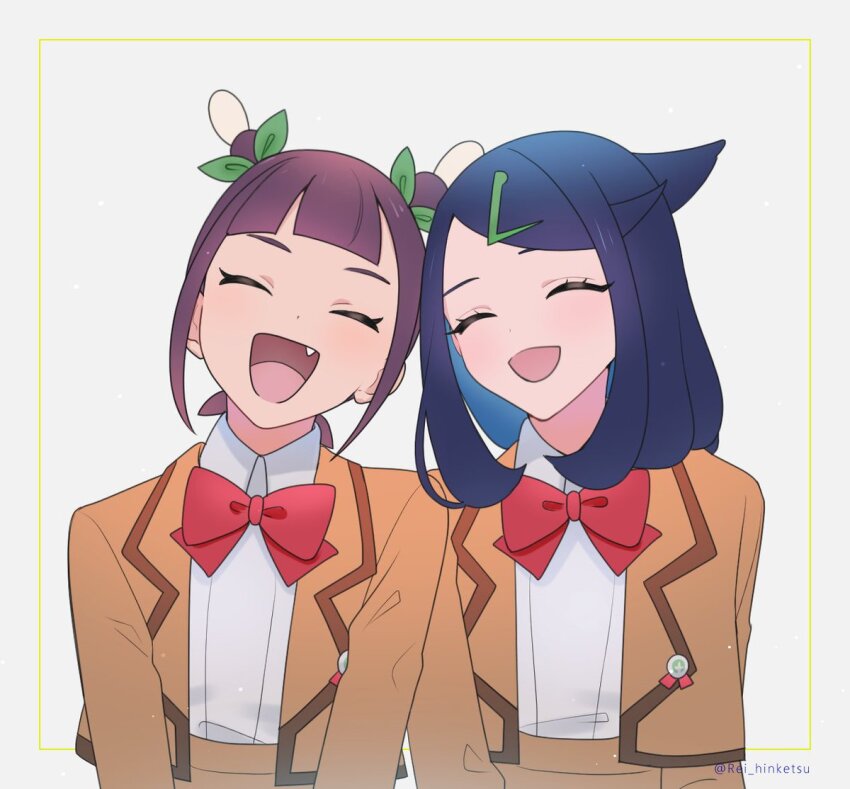 2girls, :d, ann_(pokemon), black_hair, blunt_bangs, bow, bowtie, brown_jacket