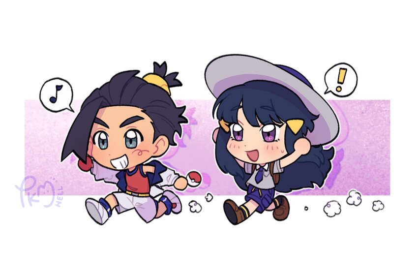 !, 1boy, 1girl, black_hair, chibi, commentary, cosplay, dawn_(pokemon)