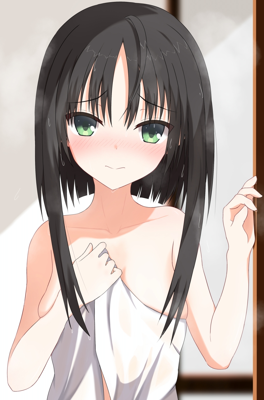 1230_mochi, 1girl, 3:, absurdres, after_bathing, ahoge, bare_arms, black_hair