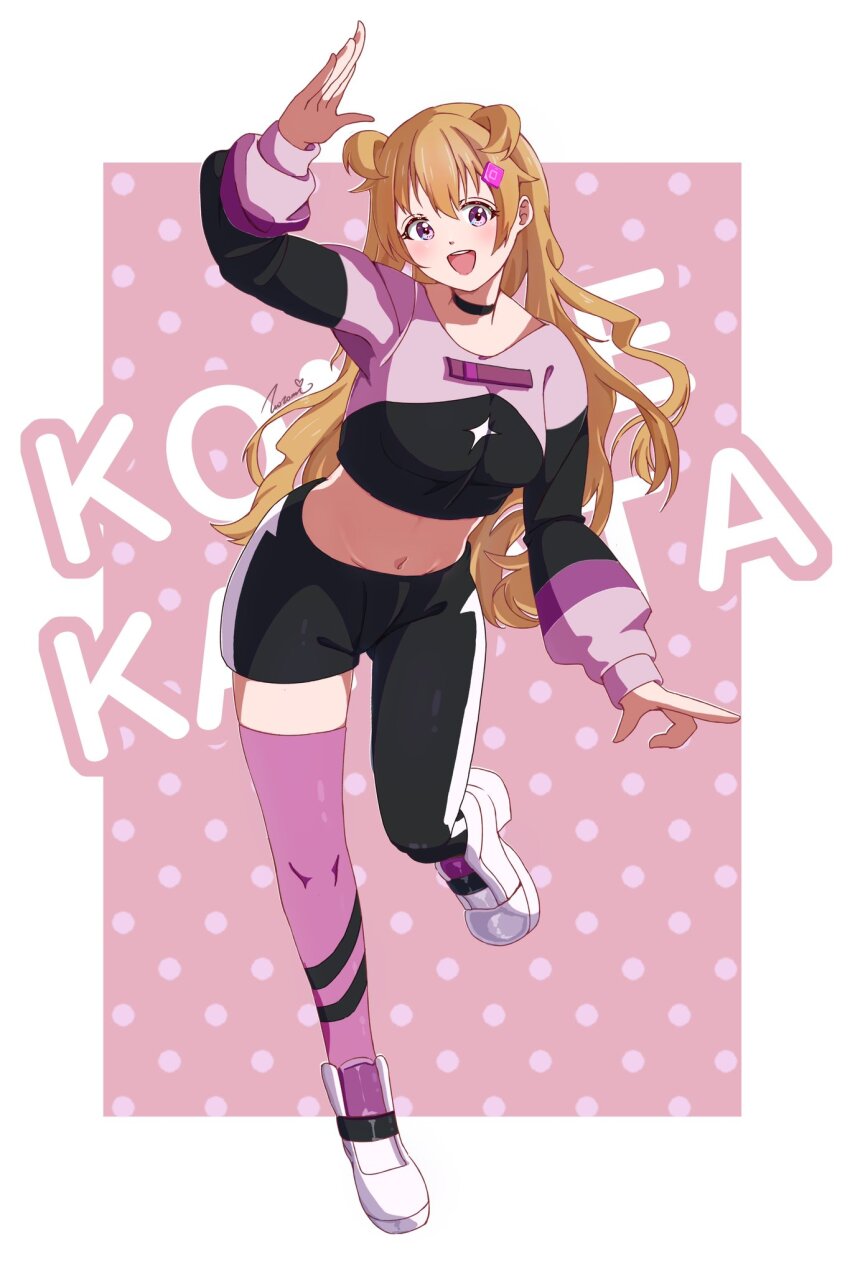 1girl, asymmetrical_pants, black_choker, black_pants, border, character_name, choker, commentary