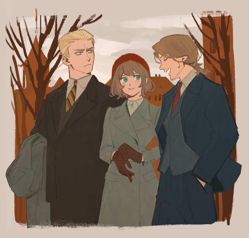 1girl, 2boys, axis_powers_hetalia, beard, belgium_(hetalia), black_suit, blonde_hair, blue_eyes