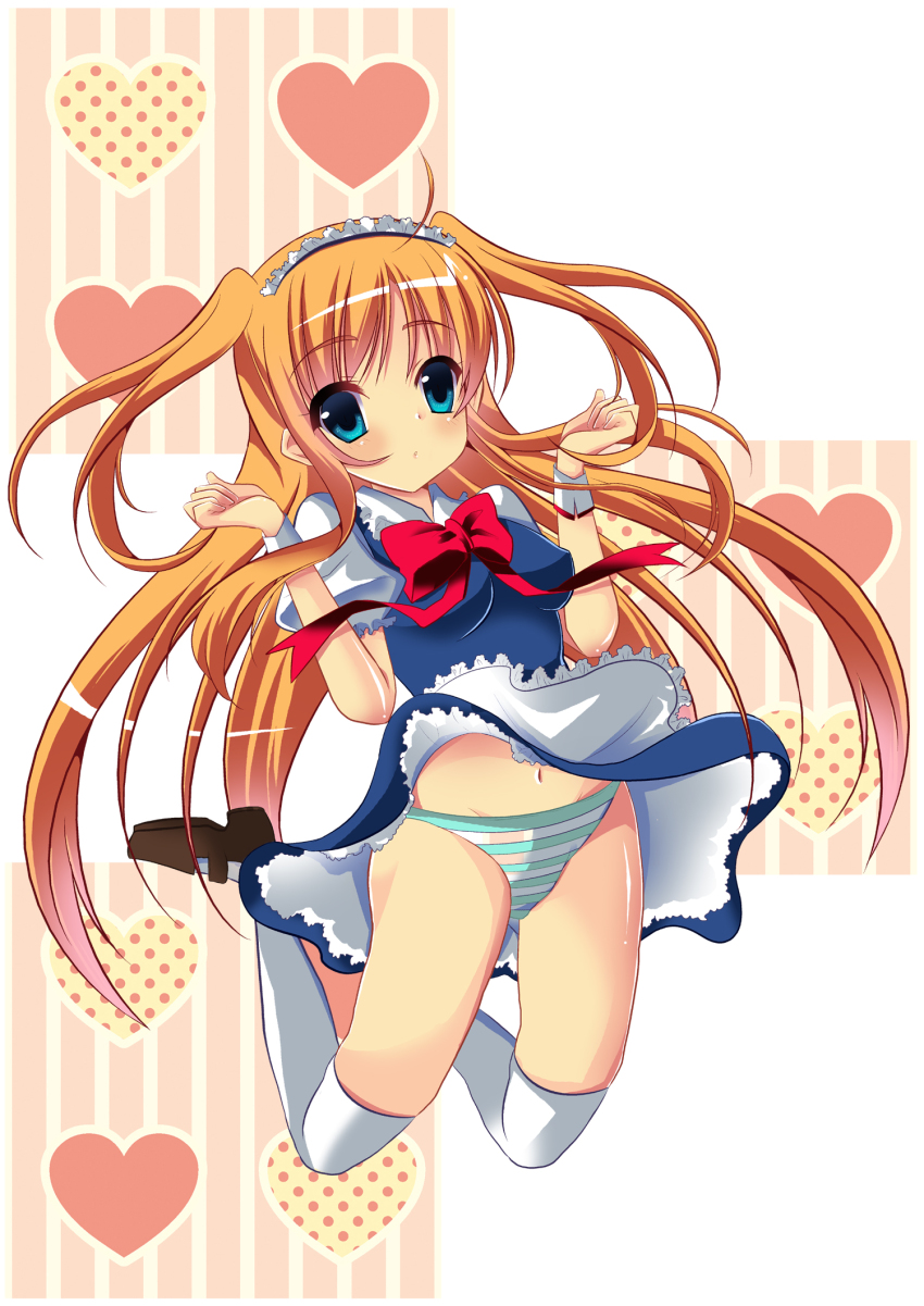 1girl, :o, apron, blonde_hair, blue_eyes, clothes_lift, female_focus, full_body