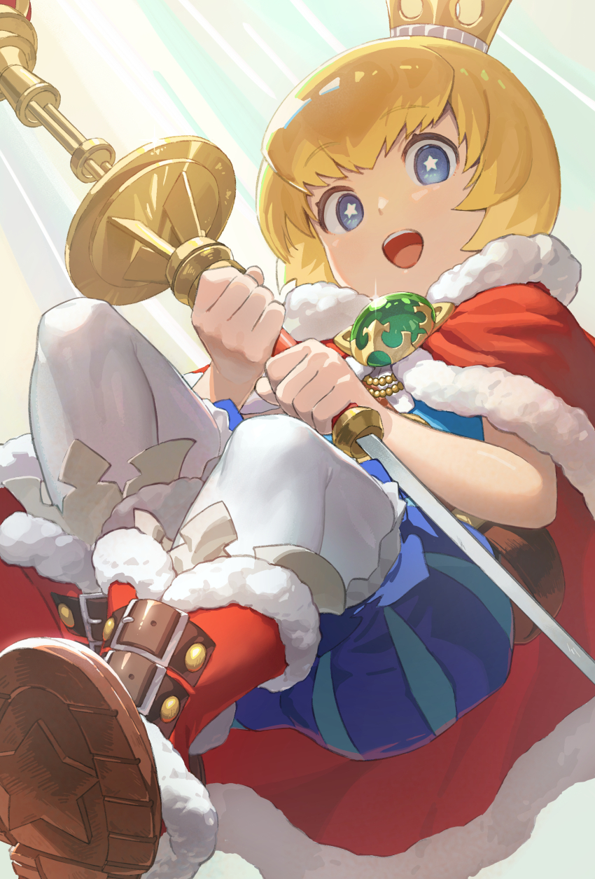 +_+, 1boy, :d, absurdres, blonde_hair, blue_shorts, bowl_cut, bright_pupils