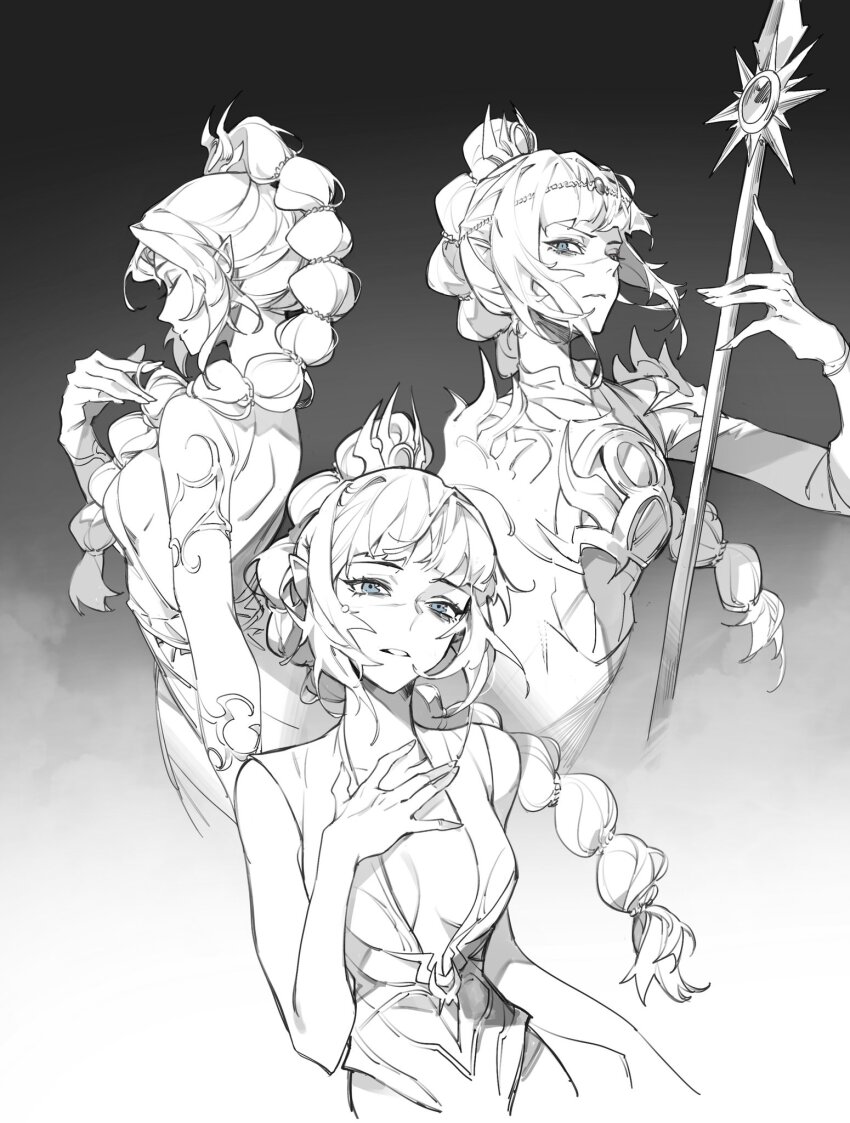 3girls, \||/, armor, backless_dress, backless_outfit, baldur's_gate, baldur's_gate_3, blue_eyes, blunt_bangs, breastplate, bskibskib, circlet, closed_eyes, collarbone, cowboy_shot, dress, dungeons_&amp;_dragons, elf, gradient_background, greyscale, hand_on_own_chest, hand_up, highres, holding, holding_polearm, holding_weapon, long_hair, looking_at_viewer, monochrome, multi-tied_hair, multiple_girls, multiple_persona, parted_lips, pauldrons, plunging_neckline, pointy_ears, polearm, scar, scar_on_face, scar_on_nose, shadowheart_(baldur's_gate), shirt, shoulder_armor, simple_background, sleeveless, sleeveless_shirt, spear, spot_color, two-tone_background, weapon, white_background