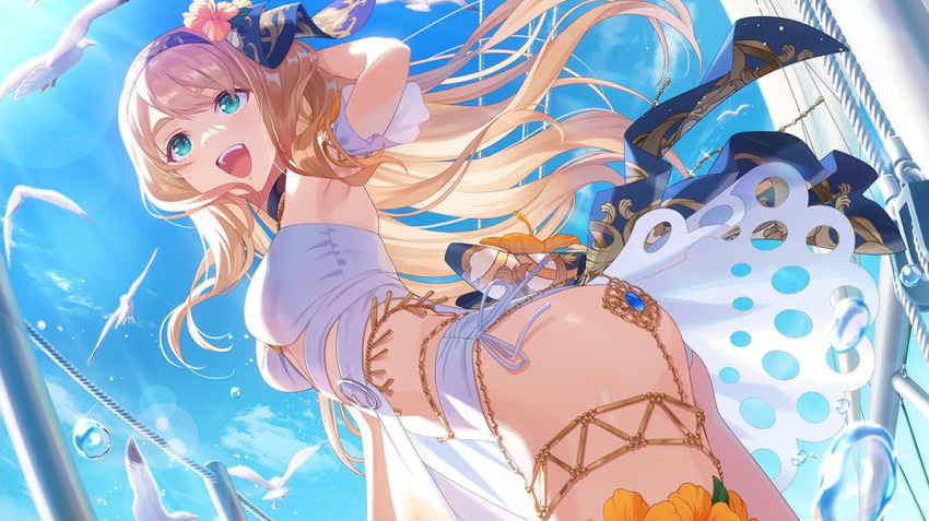 :d, aqua_eyes, armpits, ass, bird, blonde_hair, breasts, flower
