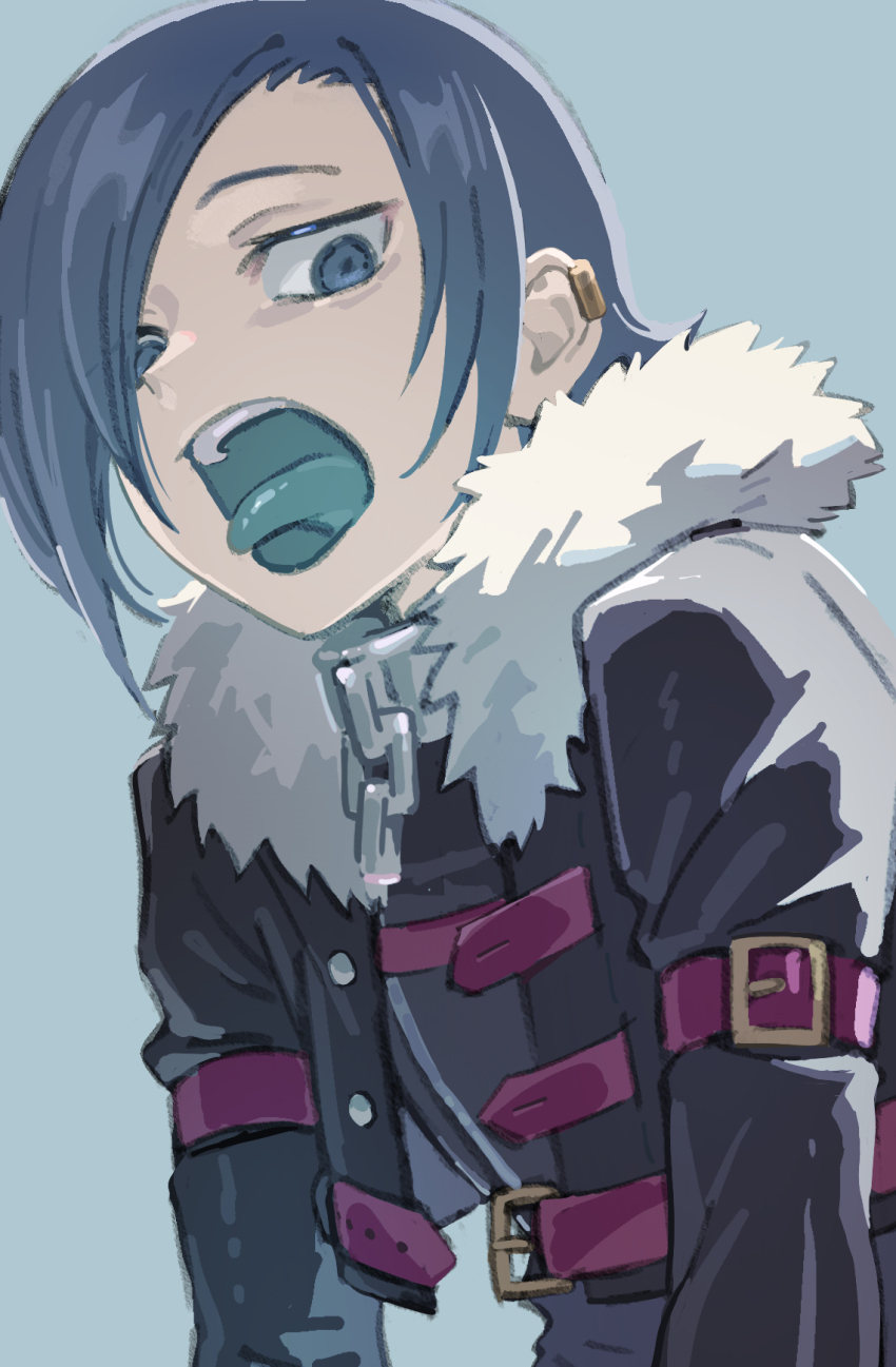 1boy, arm_belt, belt, black_vest, blue_hair, blue_tongue, chain, choker