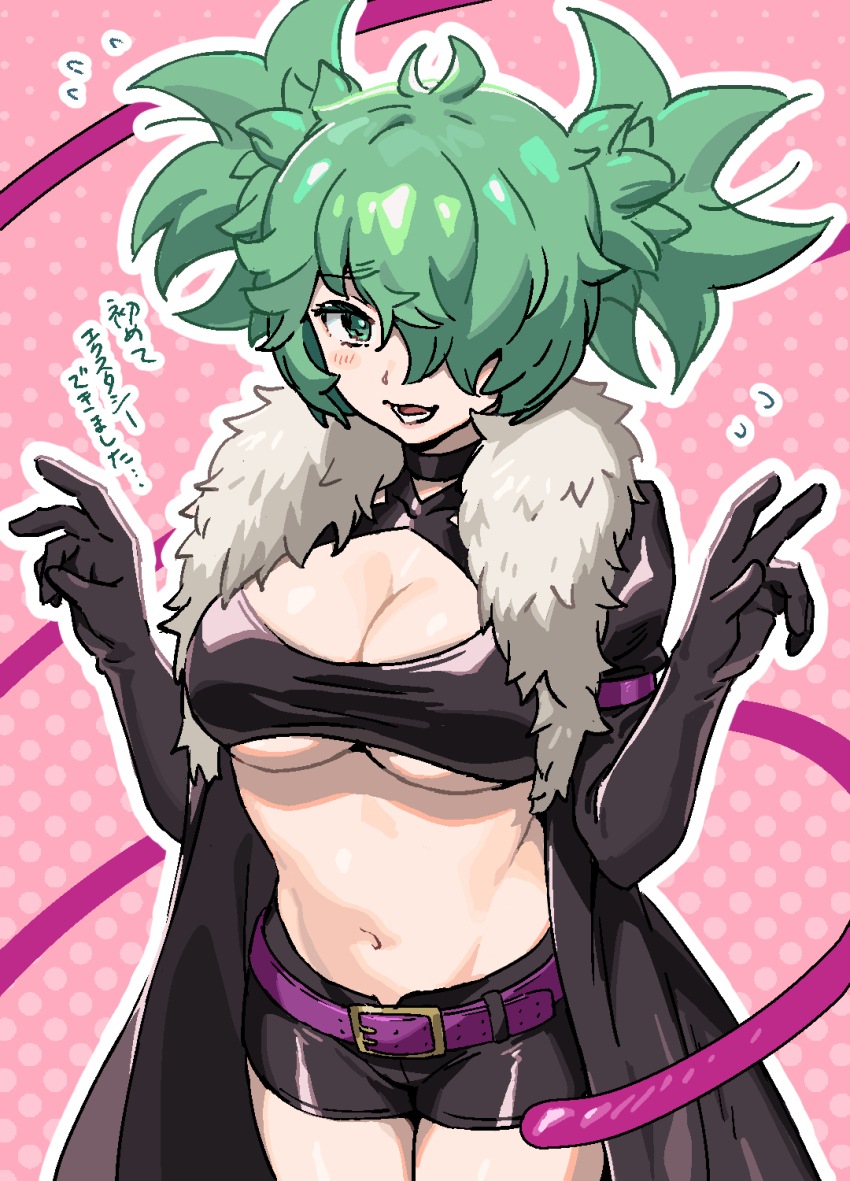 1girl, belt, black_gloves, black_shorts, blush, breasts, cape, cleavage