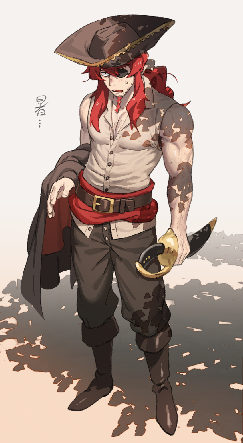 1boy, beard_stubble, belt, black_footwear, black_pants, braid, braided_beard, etrian_odyssey