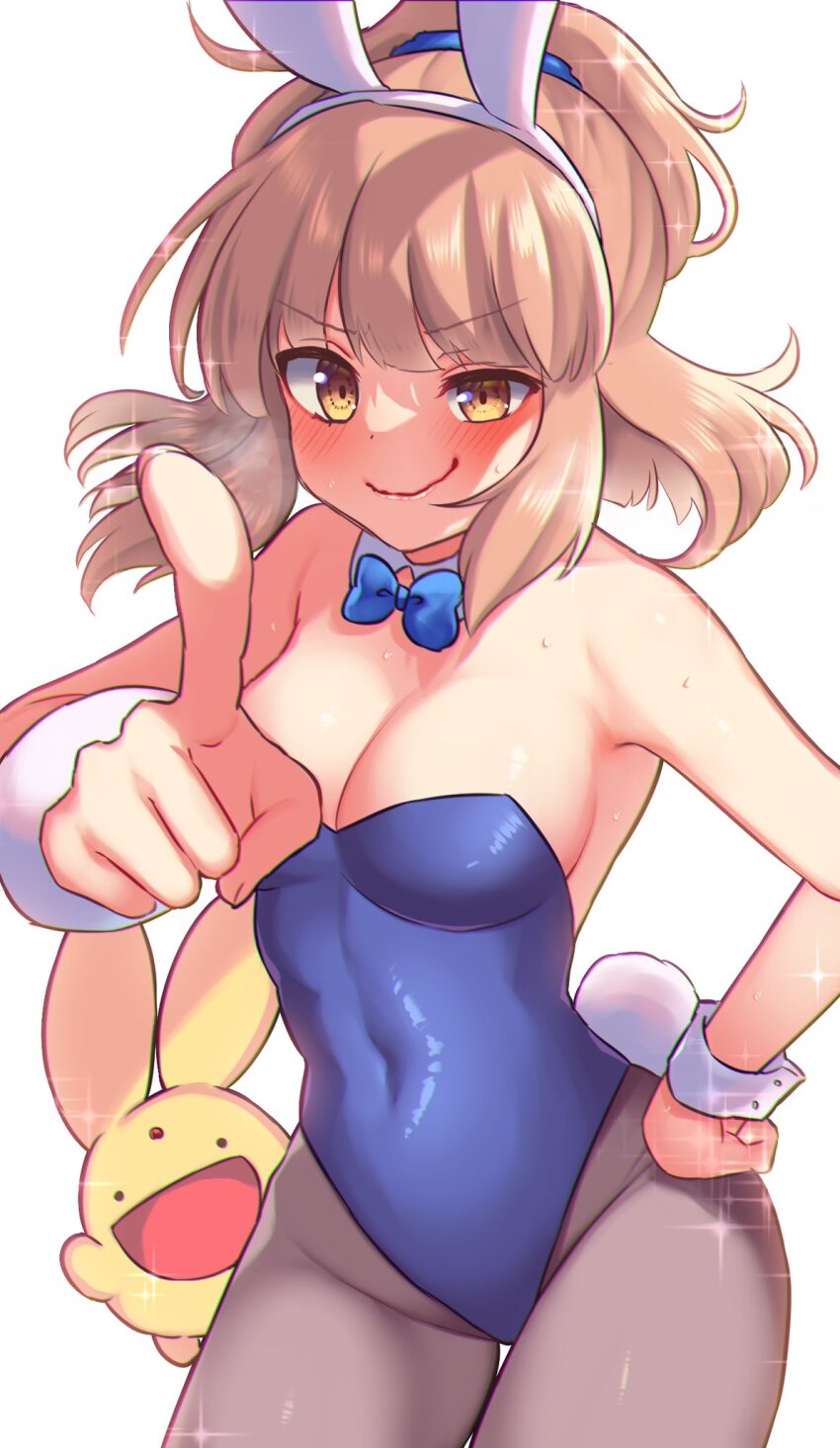 1girl, animal_ears, arle_nadja, bare_shoulders, blue_bow, blue_bowtie, blue_leotard, blunt_bangs