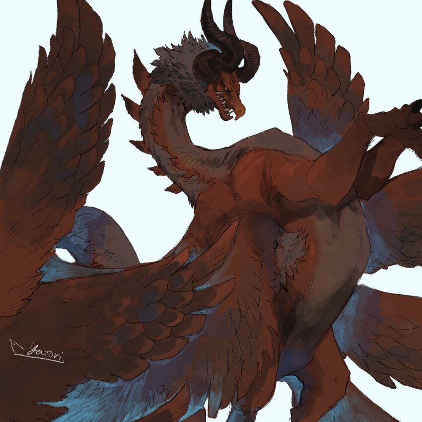 animal_focus, artist_name, azdaja_(ff14), curled_horns, dragon, feathered_wings, feet_out_of_frame, final_fantasy