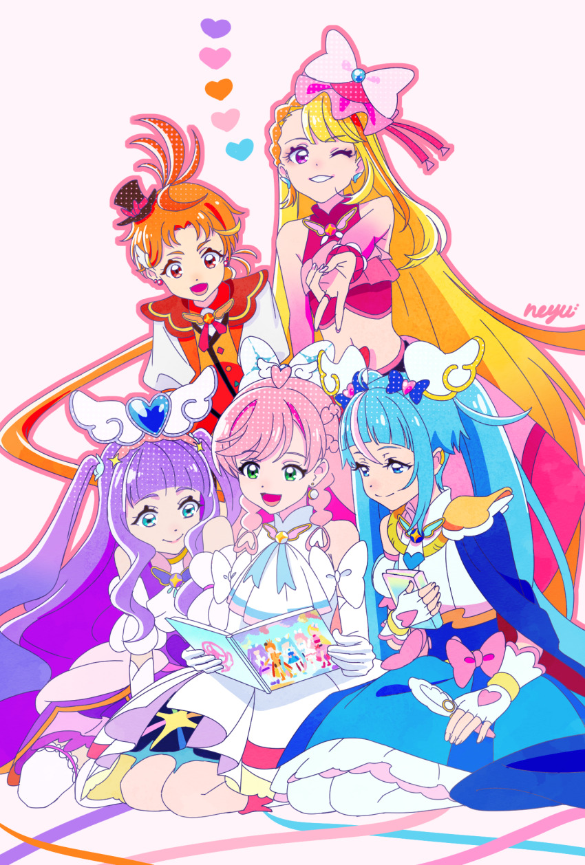 1boy, 4girls, artist_name, ascot, belt, black_belt, black_hat, blonde_hair