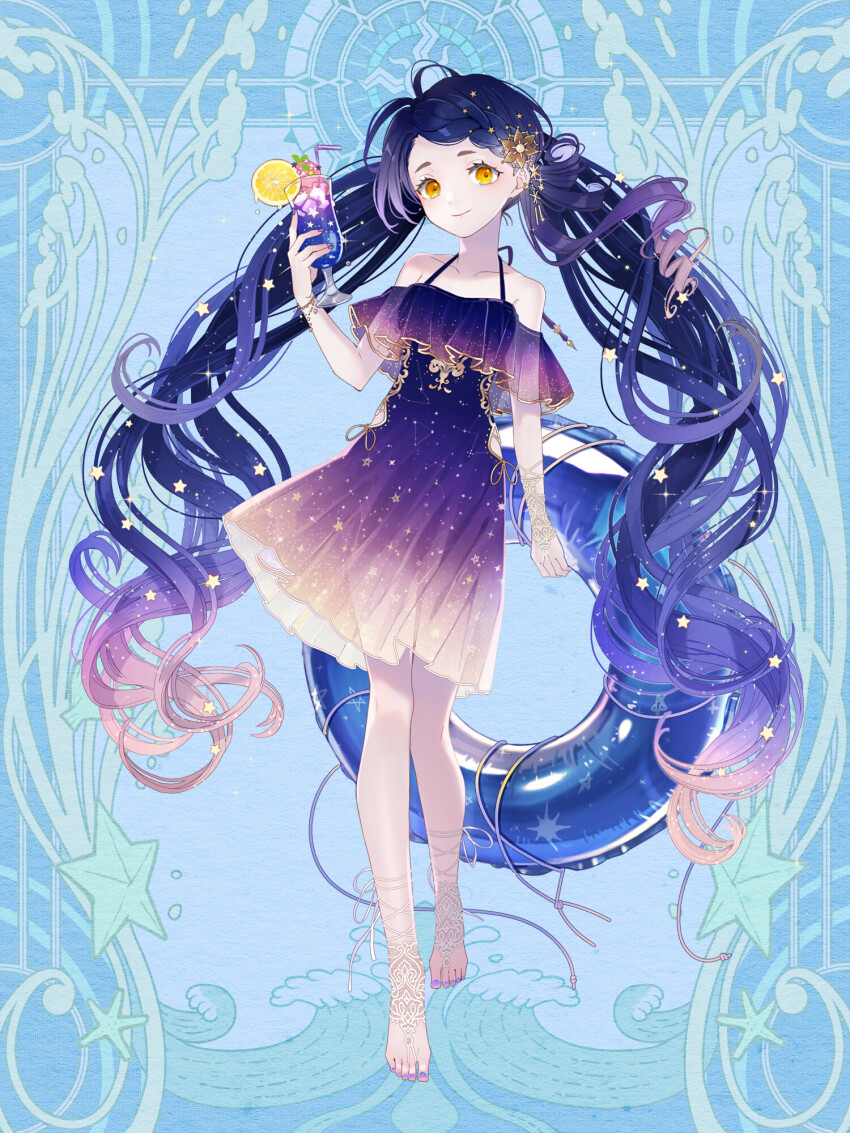 1girl, bare_shoulders, barefoot, blue_background, blue_hair, bracelet, cup, dairoku_ryouhei