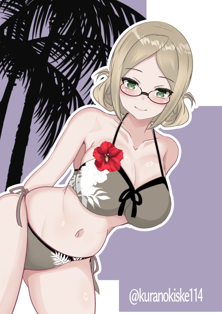 1girl, alternate_costume, bikini, blush, breasts, brown_bikini, brown_hair, cowboy_shot, floral_print, folded_ponytail, glasses, green_eyes, highres, kantai_collection, katori_(kancolle), kurano_kisuke, large_breasts, long_hair, looking_at_viewer, purple_background, silhouette, smile, solo, swimsuit, twitter_username