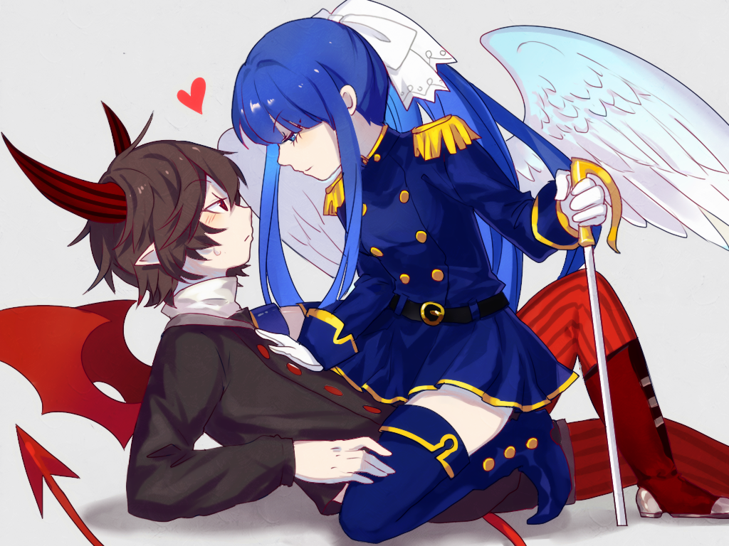 2girls, androgynous, angel, angel_wings, belt, black_belt, blue_eyes, blue_footwear