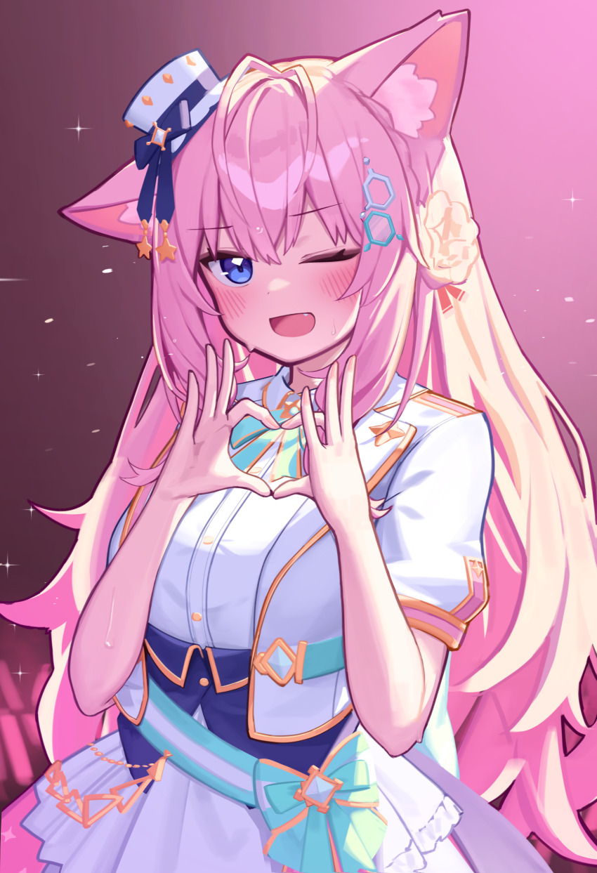 1girl, ;d, absurdres, animal_ears, blue_eyes, commentary_request, deaver, four-finger_heart_hands, fox_ears, fox_girl, gradient_background, hakui_koyori, hat, heart, heart_hand, heart_hands, highres, hololive, idol, idol_clothes, mini_hat, one_eye_closed, open_mouth, pink_background, short_sleeves, smile, solo, virtual_youtuber, white_hat