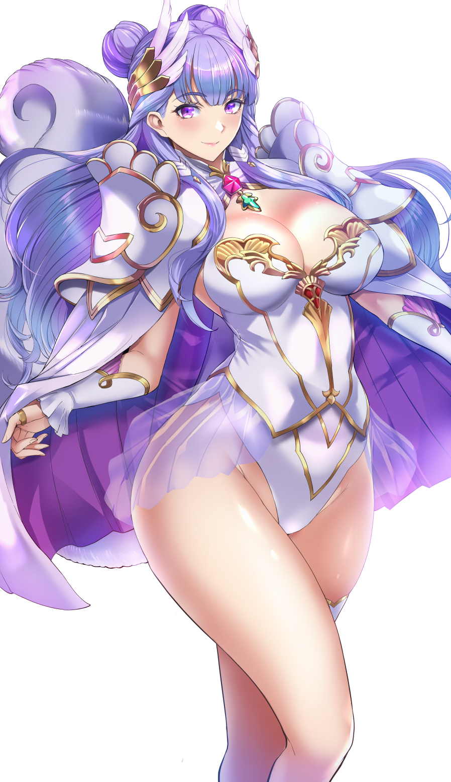 1girl, armor, bare_legs, blue_hair, breasts, cleavage, double_bun, hair_bun