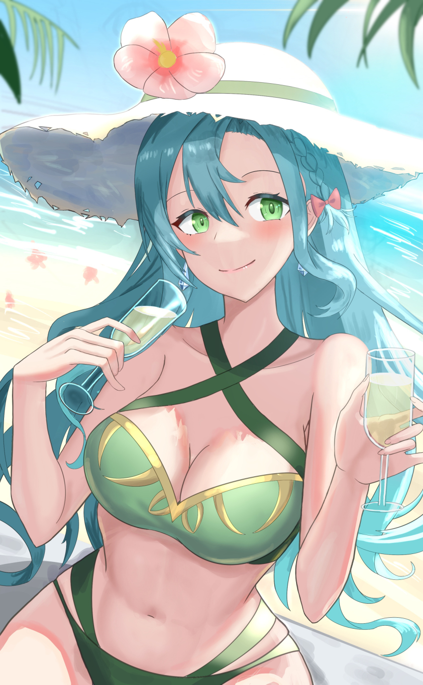 1girl, absurdres, alternate_costume, aqua_hair, beach, bikini, blue_sky, braid, breasts, chloe_(fire_emblem), cleavage, closed_mouth, day, earrings, fire_emblem, fire_emblem_engage, flower, green_bikini, green_eyes, highres, large_breasts, long_hair, looking_at_viewer, nintendo, ocean, outdoors, side_braid, sky, smile, solo, swimsuit, tarutaru193, teardrop_earrings