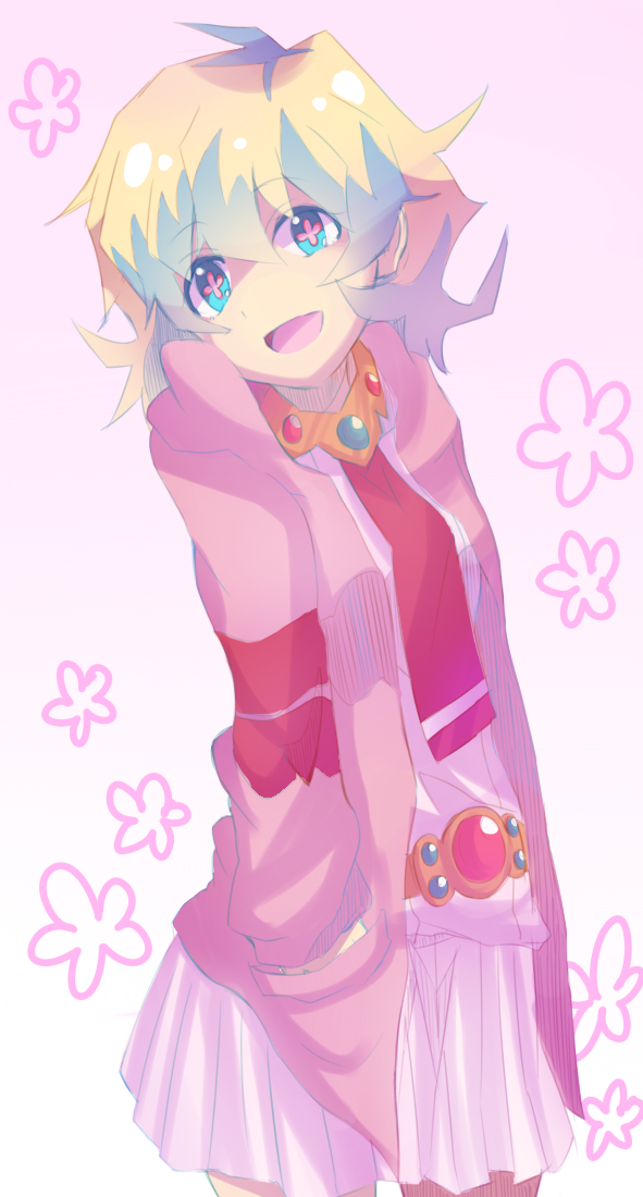 +_+, 00s, 1girl, bad_id, bad_pixiv_id, cross-shaped_pupils, female_focus, flower, hands_in_pockets, hood, hoodie, jewelry, miniskirt, multicolored_hair, neko_miya, nekomiya_(neko_miya), nia_teppelin, open_mouth, short_hair, skirt, smile, solo, symbol-shaped_pupils, tengen_toppa_gurren_lagann