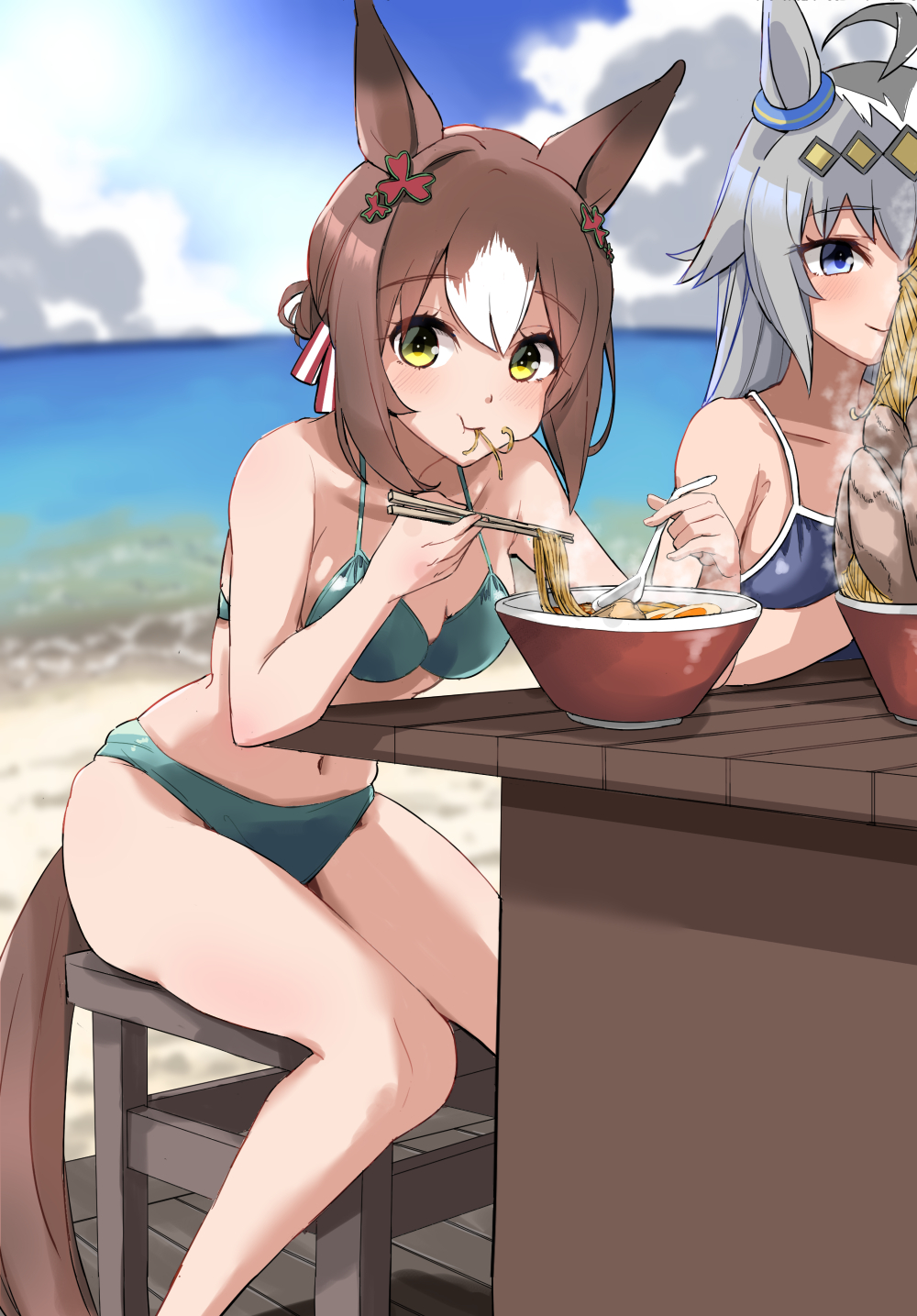 2girls, animal_ears, beach, bikini, blue_sky, bowl, brown_hair, cloud