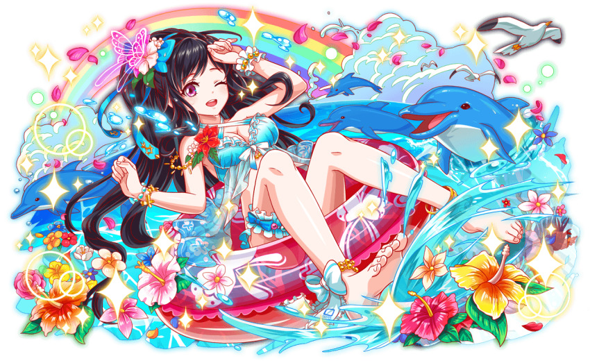 6+others, animal_print, ankle_ribbon, anklet, aqua_bikini, aqua_bow, aqua_bracelet, aqua_bridal_gauntlets