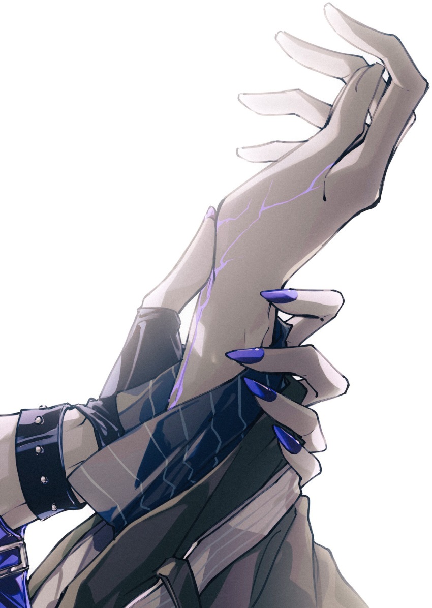 1boy, 1girl, bai_yi_(path_to_nowhere), blue_nails, body_markings, bracelet, che_(path_to_nowhere), chinese_commentary