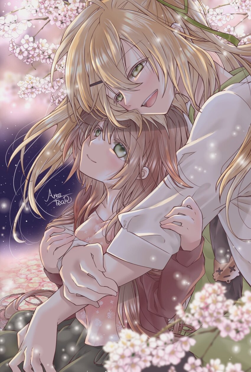 1boy, 1girl, antenna_hair, arestear0701, artist_name, blonde_hair, blunt_bangs, blush